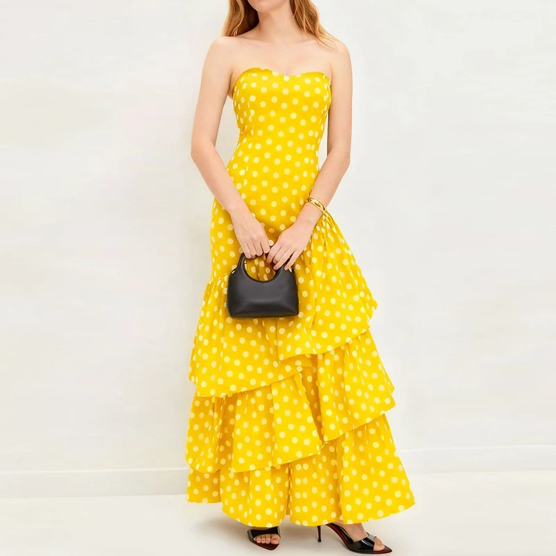 Vestido Longo Estampado com Poás para Mulheres, Sexy, Sem Mangas, Vestido de Festa em Camadas, Elegante, Sem Alças, Vestido de Bolo 2026