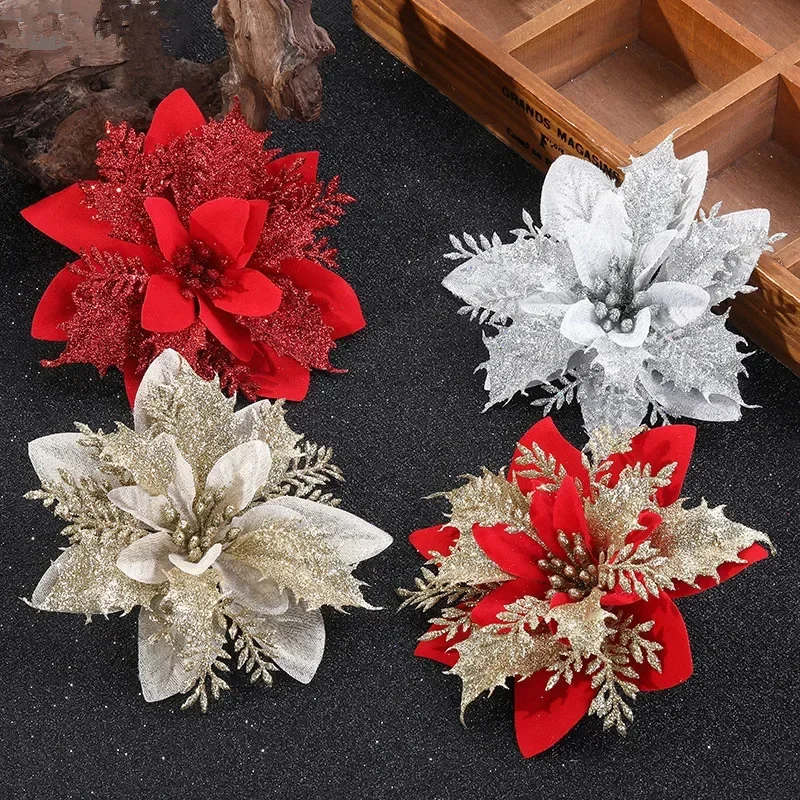 

5Pcs 14cm Glitter Artificial Christmas Flowers Xmas Tree Ornaments Merry Christmas Decorations for Home New Year Gift