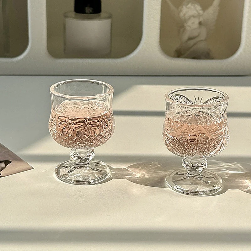 Korean Style Engraved Embossed Small Goblet Glass Cup For Soju Sake Liquor Short Stemmed Glass