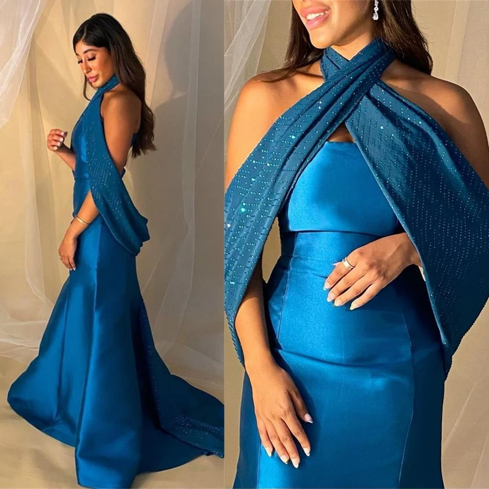 

Платье для выпускного вечера, модное платье с лямкой на шее, женское атласное платье в пол, с перекрестными бусинами, вечерние платья, فستان ستان س프프프드드드드드드드