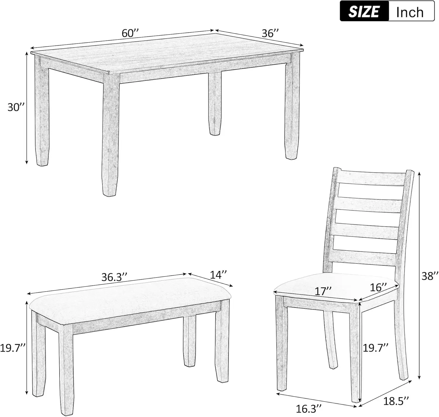 Retro Rustic Style 6-Piece Dining Set, Including 4 Upholstered Chairs, 1 Table and a Bench, for Playroom, Living Room, Ho