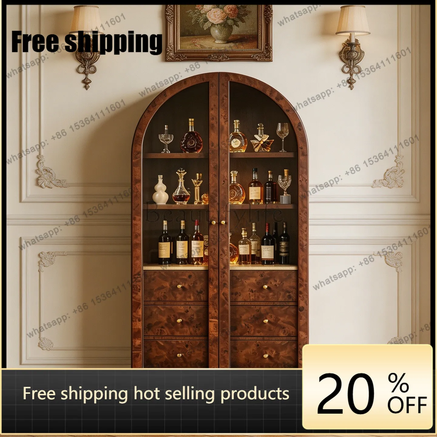 Hot French vintage solid wood arched wine cooler villa living room glass door against the wall multifunctional sideboard