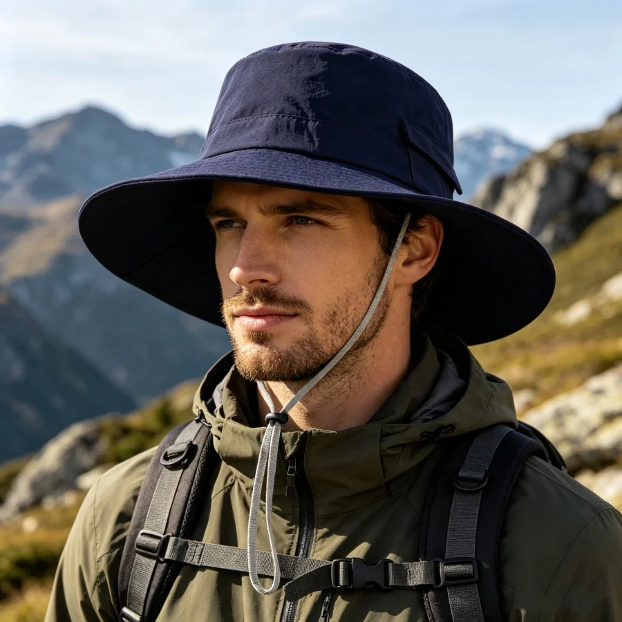 Outdoor Quick-Drying Wide-Brimmed Fisherman's Hat, Unisex, Sun Protection, Suitable for Hiking, Camping, Mountaineering, Fishing, Water-Resistant, Lightweight Sun Hat, Comes with a Windproof Rope, Convenient for Travel