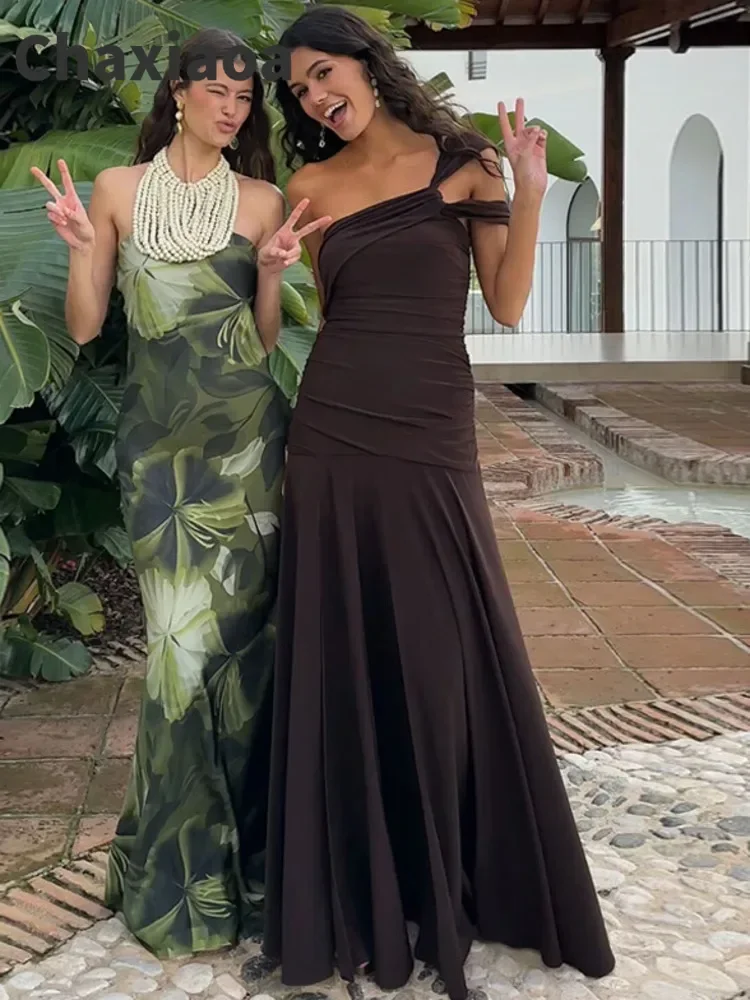 Chaxiaoa ombro inclinado sem costas sexy maxi vestidos femininos moda um ombro split sem mangas clube festa vestido de noite