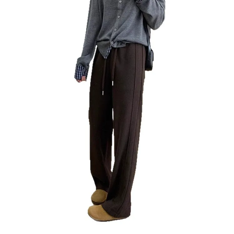 Slimming Woolen Casual Pants Women's Double Stitched Narrow Wide Leg Straight Cut Pants Autumn Winter Solid Color Long Trousers