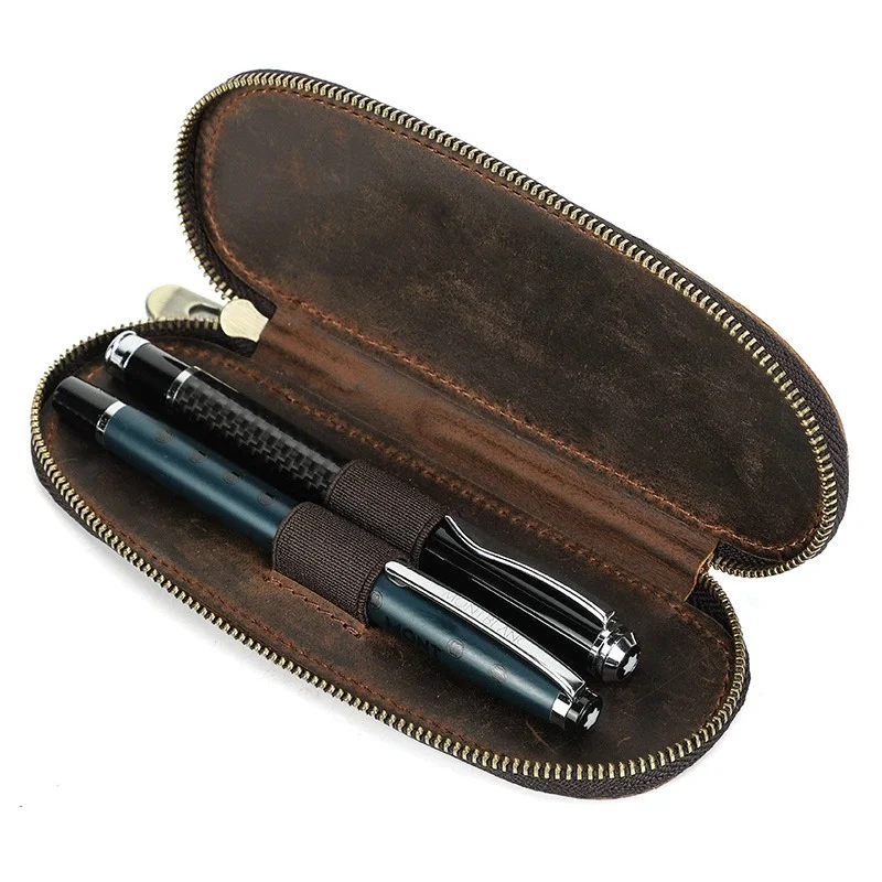 

Elegant Genuine Leather 2 Slots Pen Pouch Portable Pen Case Holder For Fountain Pen Office School Supplies Stationery