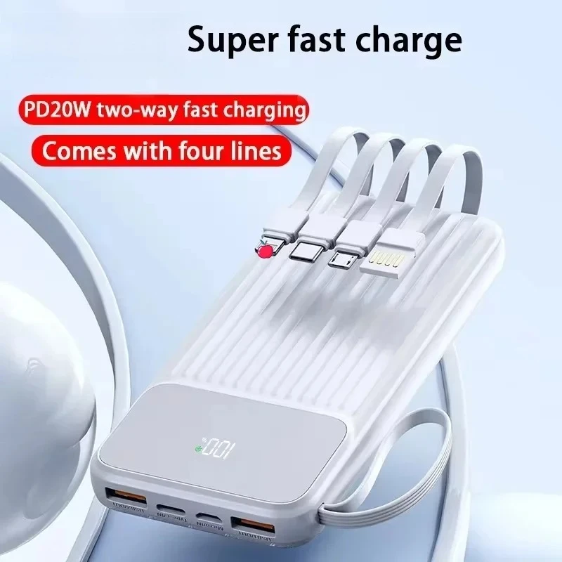 Ranwomen Powerbank 20000mah LED Digital Display Portable Powerbank Built-in 4-in-1 Cable Fast Charge Spare Battery Power Bank