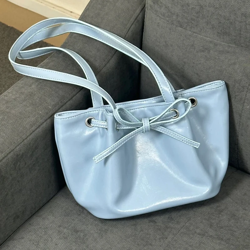 

Contrasting Color Drawstring Bow Tote Bag For Women Luxury Designer Handbag Purse 2024 New In Fashion pleated Underarm Shoulder