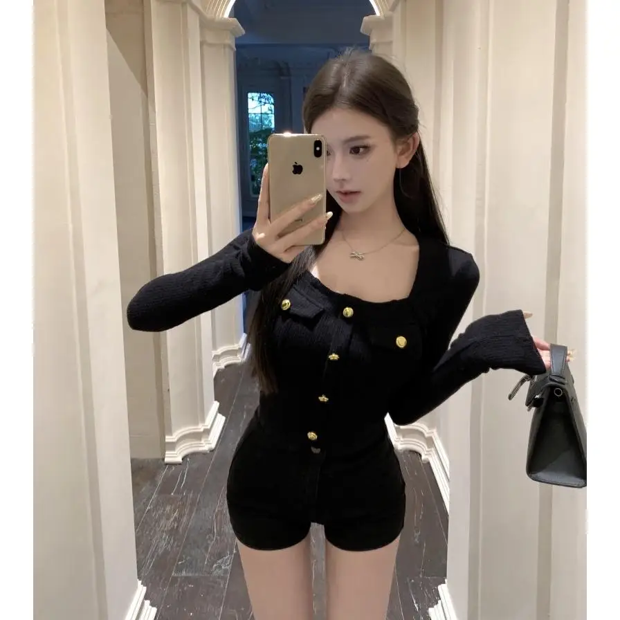 كنزة نسائية قصيرة بياقة مربعة للخريف والشتاء، قميص قصير أنيق للارتداء الداخلي، سترة نسائية بأكمام طويلة بتصميم أنيق ومناسب للعمل #1