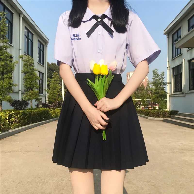 Thaise Meisje Zwart Navy Geplooide Rok Pak Zomer Jk Cosplay Student Volledige Set Overhemd Rok Seifuku Vrouwelijke Thai Schooluniform