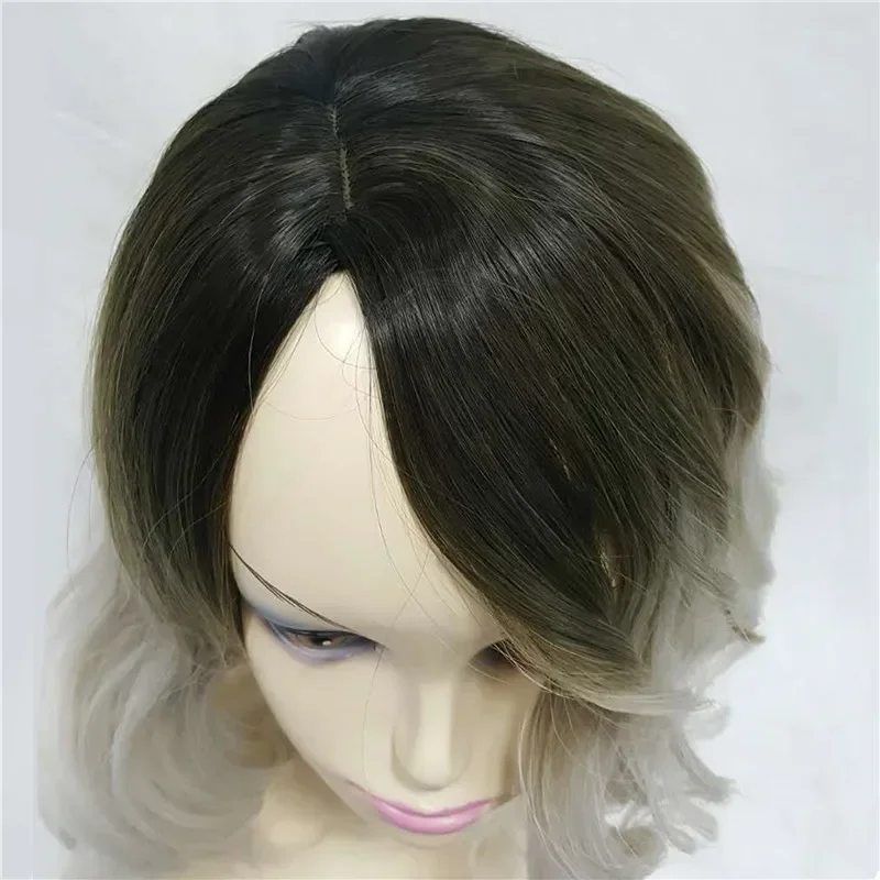 Kuat Wanita Wig Ombre Abu-abu Silver Akar Gelap Panjang Gaya Rambut Keriting dengan Bang Sintetis Penuh Wig