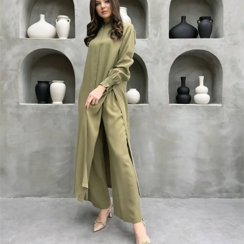 

Temperament Commuter Women's Set Fashionable Solid Color Stand Collar Long Sleeve Loose Long Shirt Top Casual Straight Pants Set