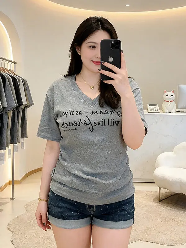 

plus Size Women's ey ort Sve T-irt Letter Print V-Ne Slimming Top Spring Summer New Sle American Sle Casual Wear