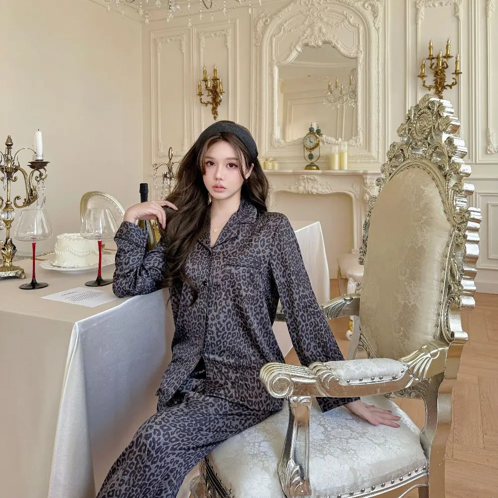 

Женский комплект пижамы с длинным рукавом, домашняя одежда, летняя шелковая атласная пижама, сексуальный комплект с леопардовым принтом, ночная одежда, пижамный костюм