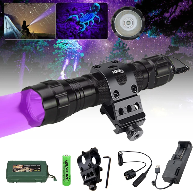 501B 395nm UV Hunting Flashlight Ultraviolet Blacklight Torch Purple Inspection Lamp+Rifle Scope Mount+Tail Switch+18650+Charger