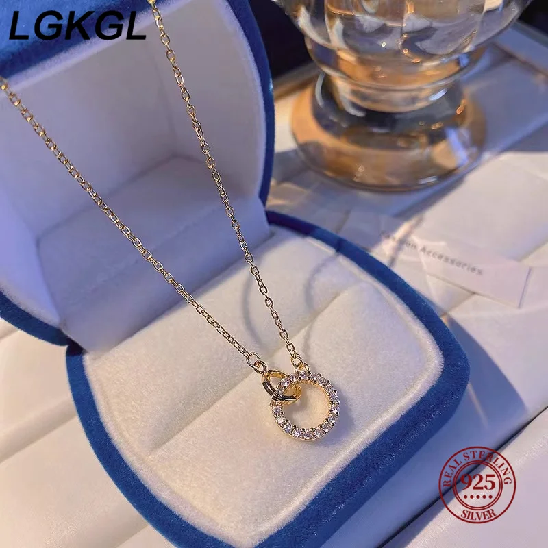 LGKGL 925 Sterling Silver Blue Ocean Hollow Round Zircon Pendant Necklace for Women Fashion Simple Wedding Choker Jewelry Gift