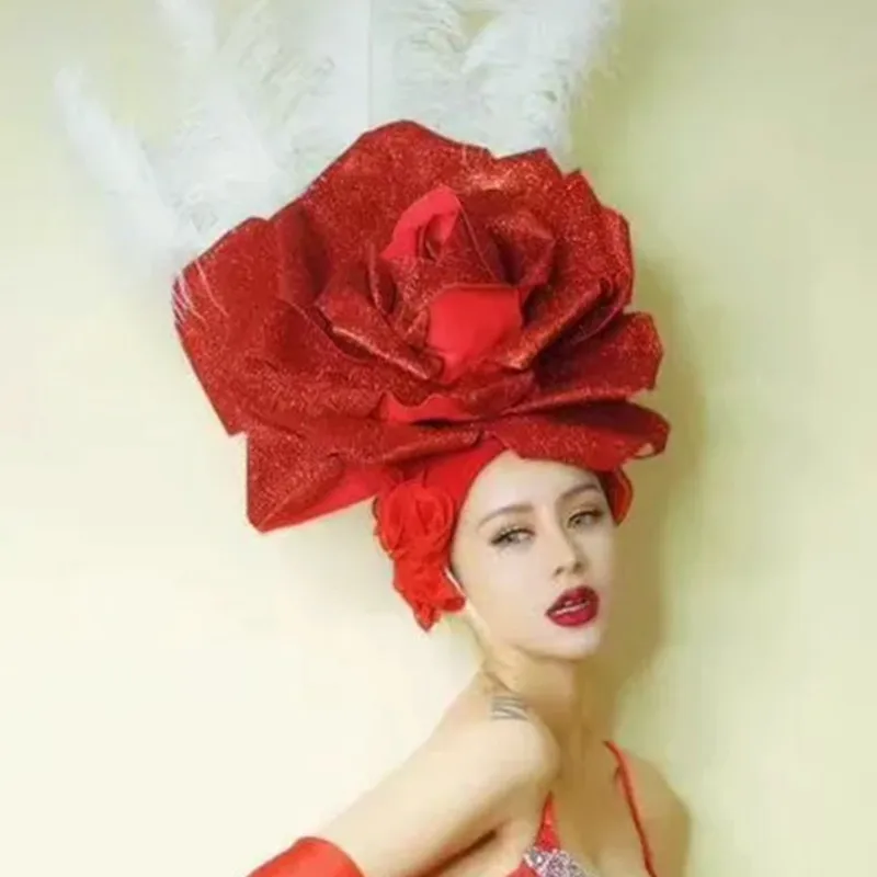 Singer Stage Performance Feather Red Rose Big Flower Headgear Prop Accessories Drag Queen Costume Christmas Festival Costume