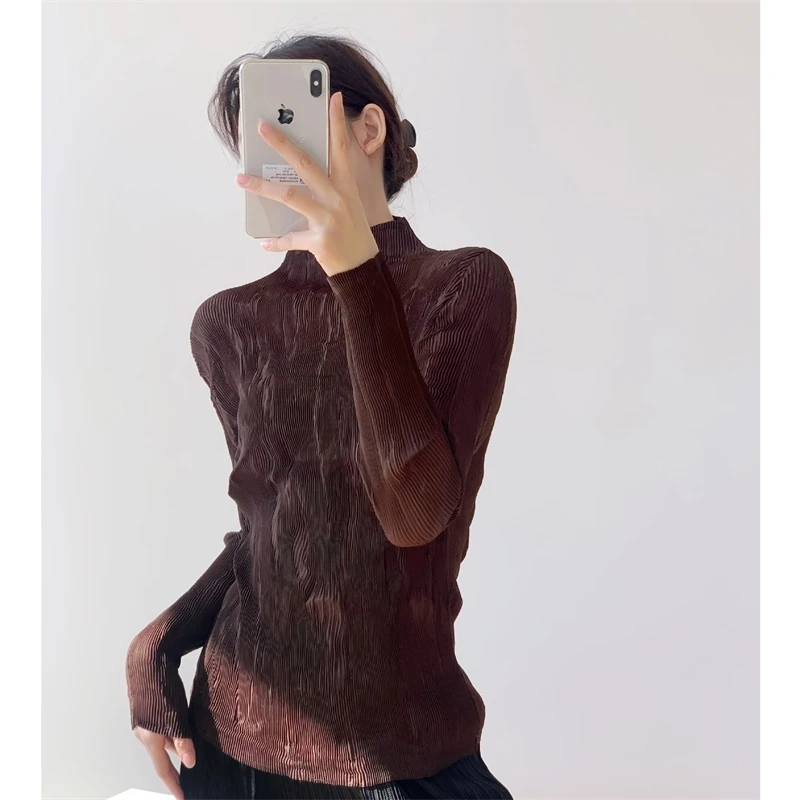 

ALSEY Miyake Semi-sheer Pleated Women's T-shirt 2025 Summer Elegant Stand-up Collar Elasticated Chic Bottoming Pullover Tops