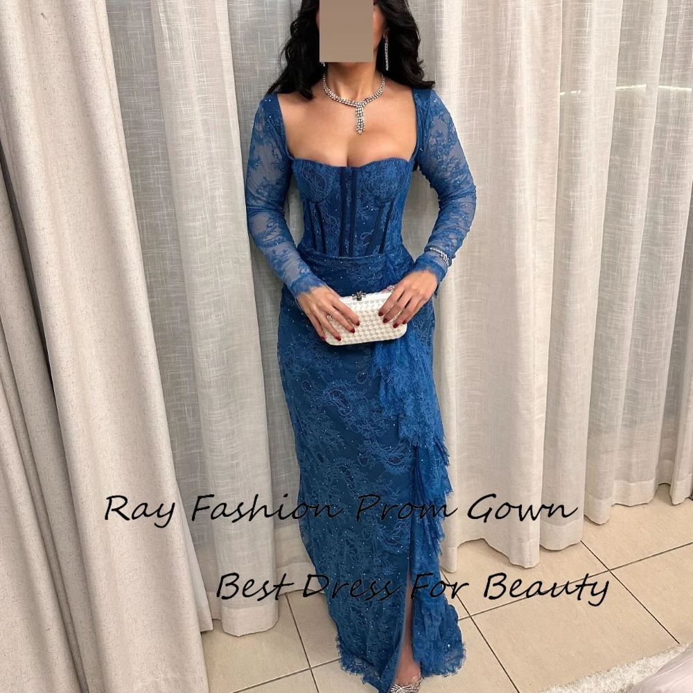 

Ray Lace Evening Dress Square Collar Mermaid Formal Occasions Cocktail Party Prom Gowns With Slit فساتين سهرة Customized