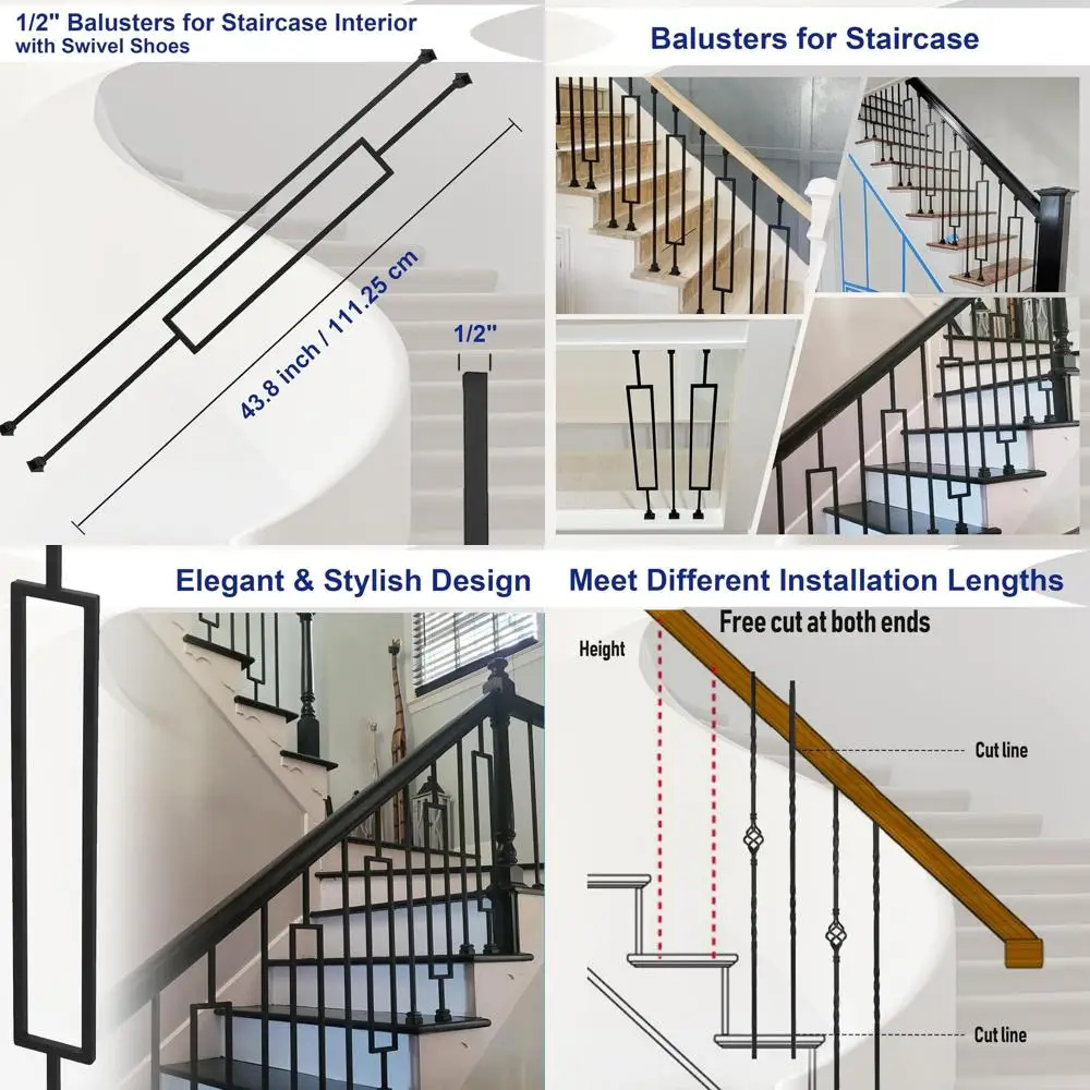 

10-Pack Square Hollow Iron Staircase Spindles with 1/2 Square Balusters and Swivel Shoes