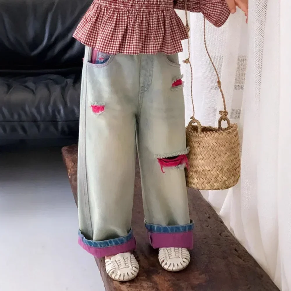 New 2025 Girls Fashion Soft Ripped Jeans Long Trousers Kids Loose Straight Leg Denim Pants Teen Spring Autumn Casual Clothing