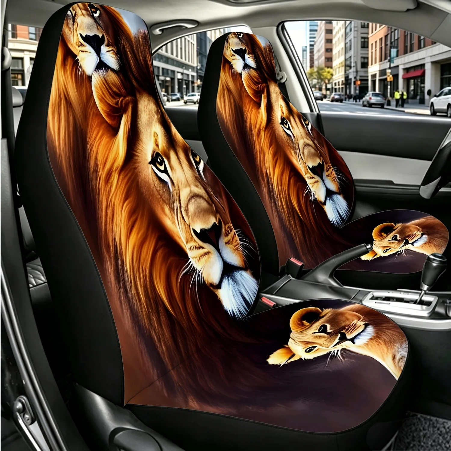 2pcs Lion Double Vision Golden Mane Majestic Expression Car Seat Covers, Universal Size For SUV, Truck, Sedan, Digital Print Com