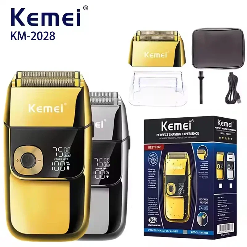 kemei KM-2028 professional three speed adjustable electric shaver, portable LCD digital display metal body men's electric shaver