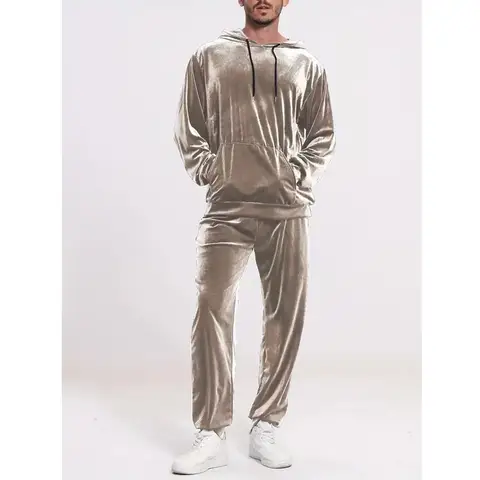 Spring Autumn New Men's Hoodies And Pants Velvet Suit Leisure Gold Velvet Two Piece Set Man Solid Tracksuit For Male Outfits