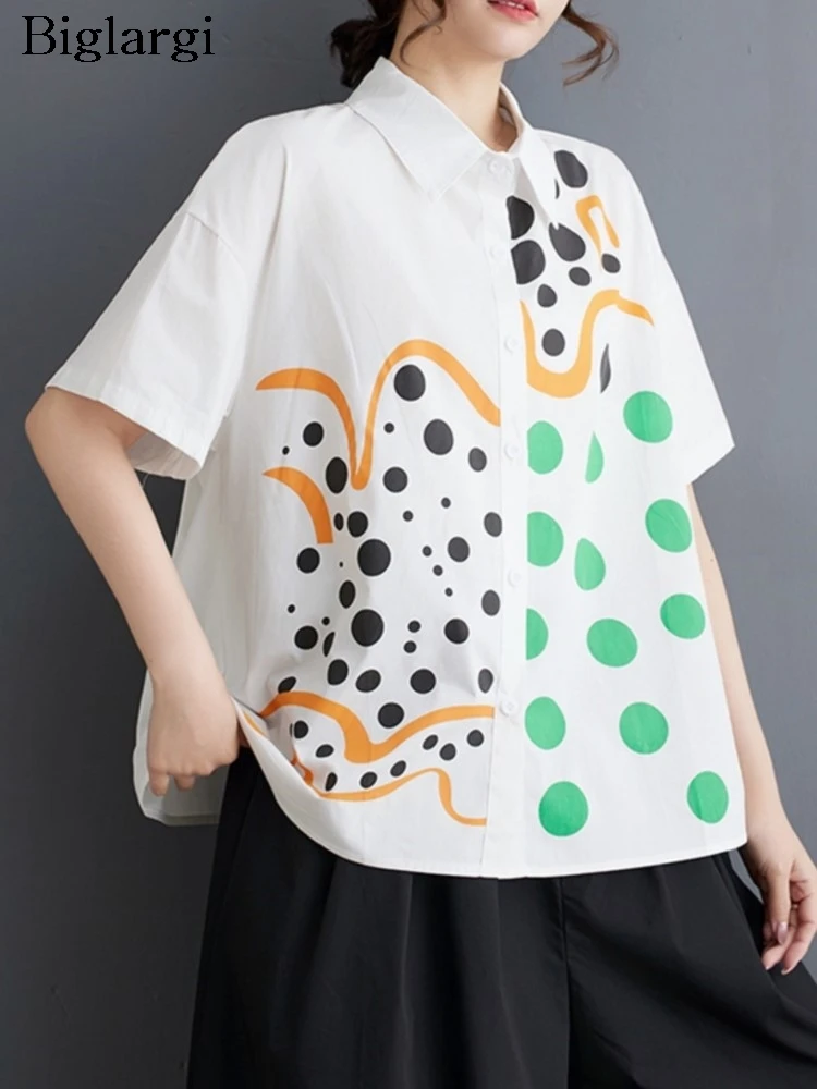 

Oversized Summer Shirts Tops Women Polka Dot Striped Print Fashion Casual Short Sleeve Ladies Blouses Loose Woman Shirt Tops