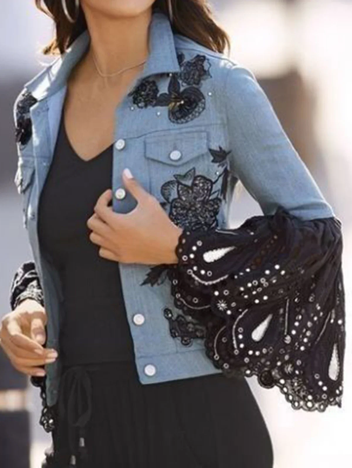 

Fashion Women's Jacket Rhinestone Floral Denim Lace Patchwork Flared Sleeve Button Jacket Long Sleeve Lapel Vest 2024 Summer