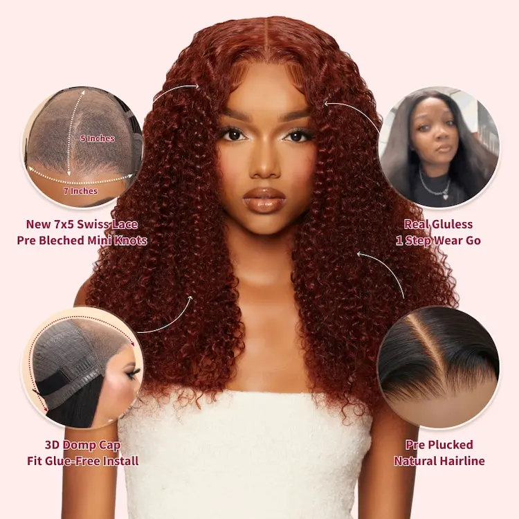 UNice Hair 7x5 Glueless Lace Closure Wig Auburn Reddish Brown Color Kinky Curly Wear Go Wig Human Hair for Black Women