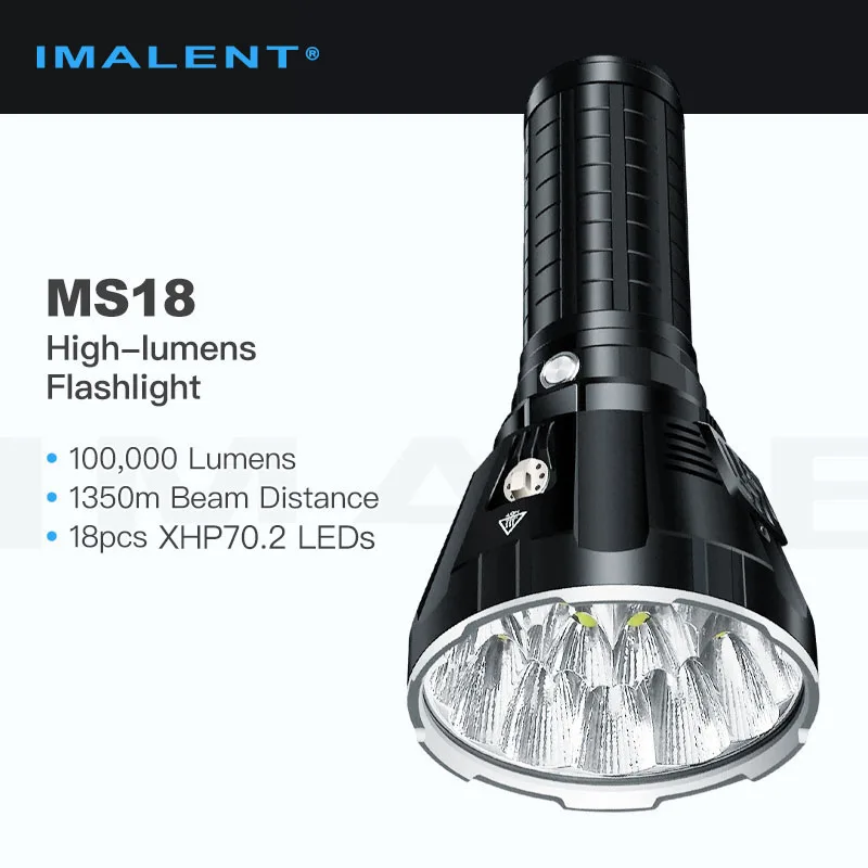 Imalent MS18 Ultra Bright Flashlight/Searchlight, 100,000 Lumens 1,350m Beam Distance, 18pcs XHP70.2 LEDs, 8x21700 Battery