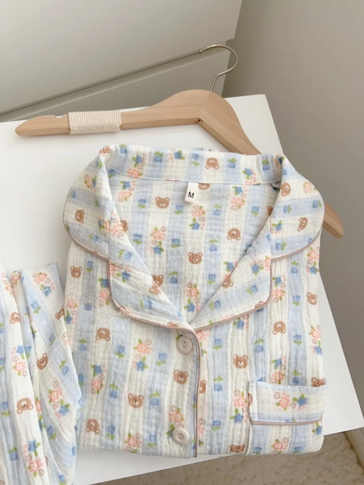 

Хлопковая ночная рубашка Blue Bear для женщин, весенне-осенний комплект с длинными рукавами и длинными брюками, простой домашний комплект одежды с милым мультяшным принтом