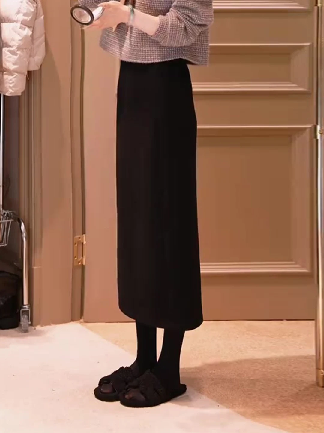 

Ele Bla Woolen Skirt for Women High Waist Straight Cut Autumn Faionable Ladylike Sle Casual Ocn