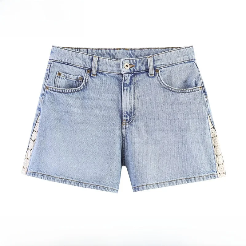 

Fashionable Spliced Hook Needle Shorts Women's Casual Pants Spring Summer New Arrival Polyester Fiber Natural Waist Button Cl...