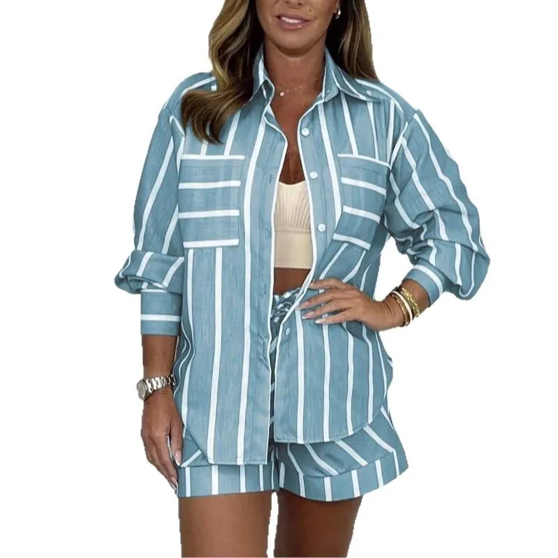 2025 Spring and Summer Cross-border New Amazon AliExpress Striped Shirt Shorts Set Cw79804