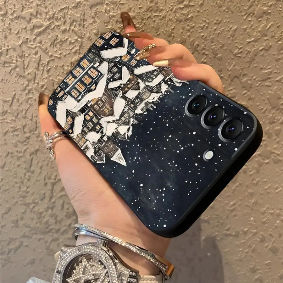 حافظة لهاتف سامسونج جالاكسي S21 FE S23 Ultra S25 Edge S20 S24 Plus غطاء هاتف ناعم أسود لأيام عيد الميلاد الثلجية