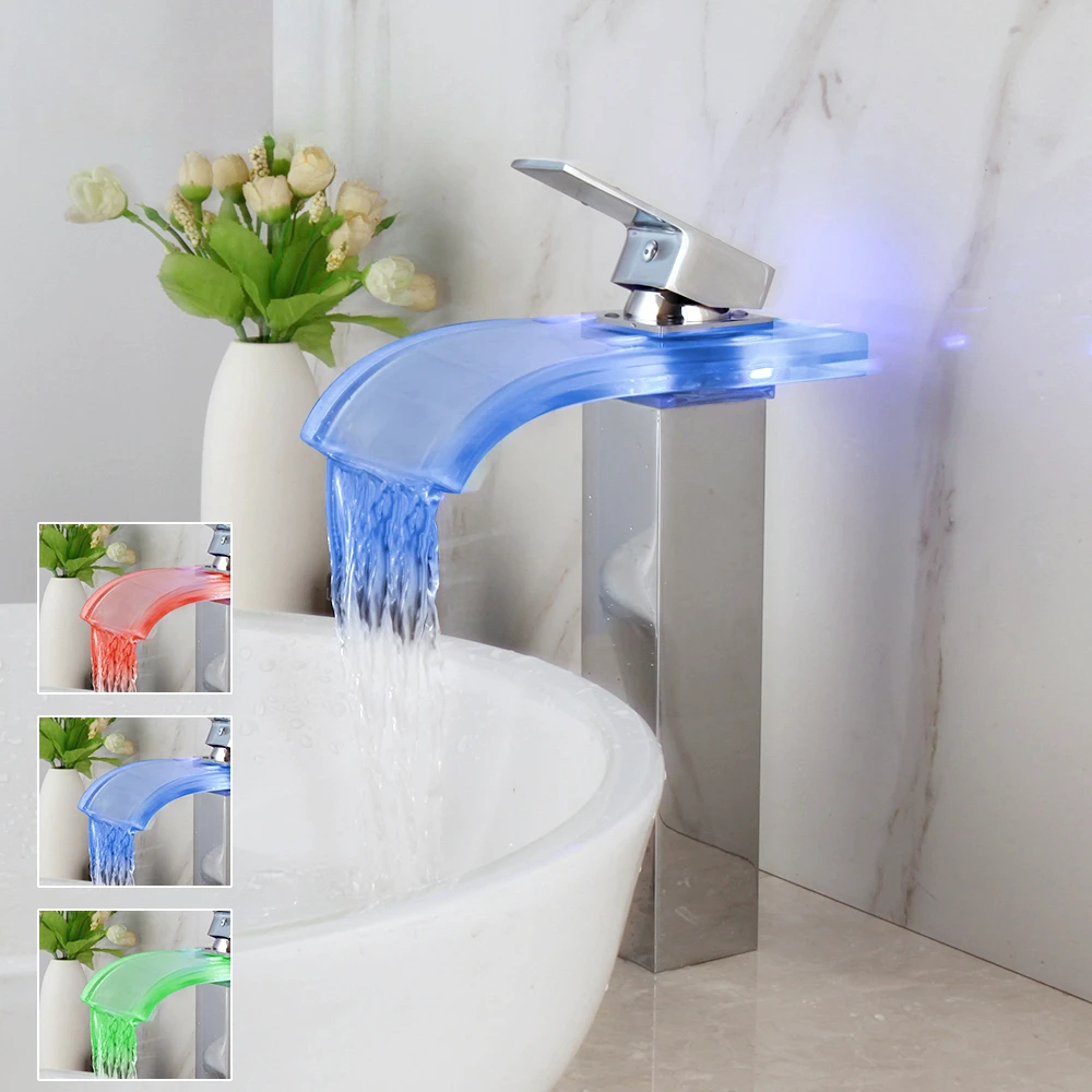 

Смеситель для ванной комнаты, 3-цветный светодиодный хромированный полированный водопадный смеситель для раковины, 1-рычажный смеситель для воды