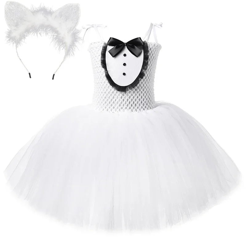 White Black Cat Tutu Dress for Baby Girls Halloween Costumes Kids Animal Kitty Birthday Outfit with Ears Hairbow Child Cloth@0Z*