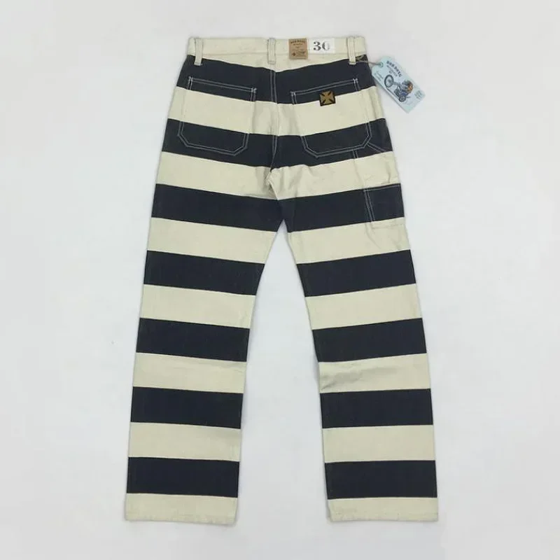 BOB DONG Multi-Pocket Motorcycle Pants Washed Prisoner Stripes Trousers For Men - Image 2