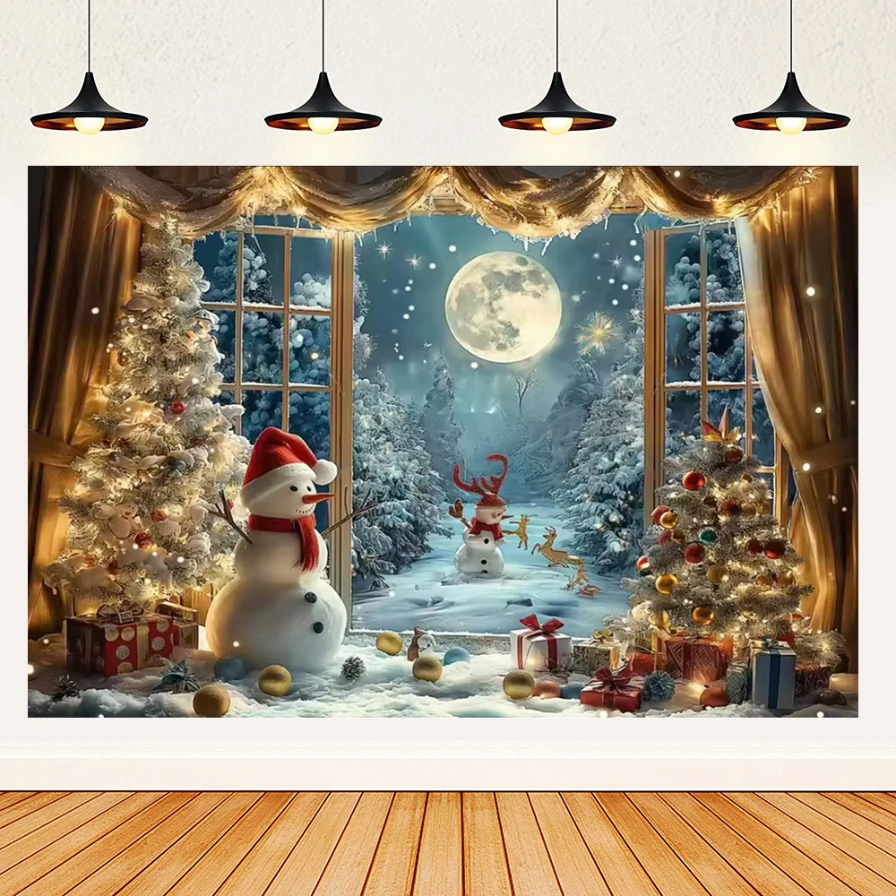 Christmas Tree Window Snowman Theme Winter Xmas Tree Red Curtain Window Santa Claus Child Birthday Photo Background Photo Zone