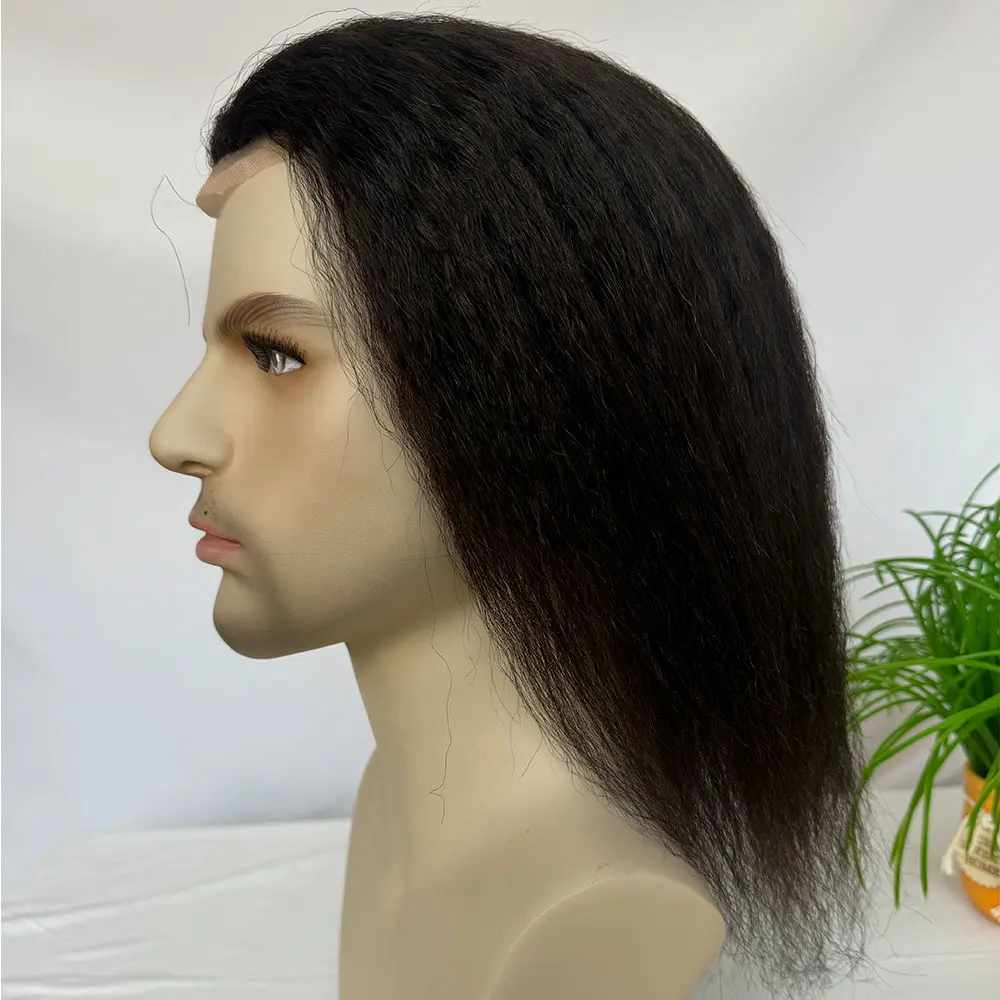 Wig rambut manusia lurus ikal panjang renda Mono dengan dasar PU 12 inci rambut palsu 10x8 rambut palsu untuk pria wig warna alami