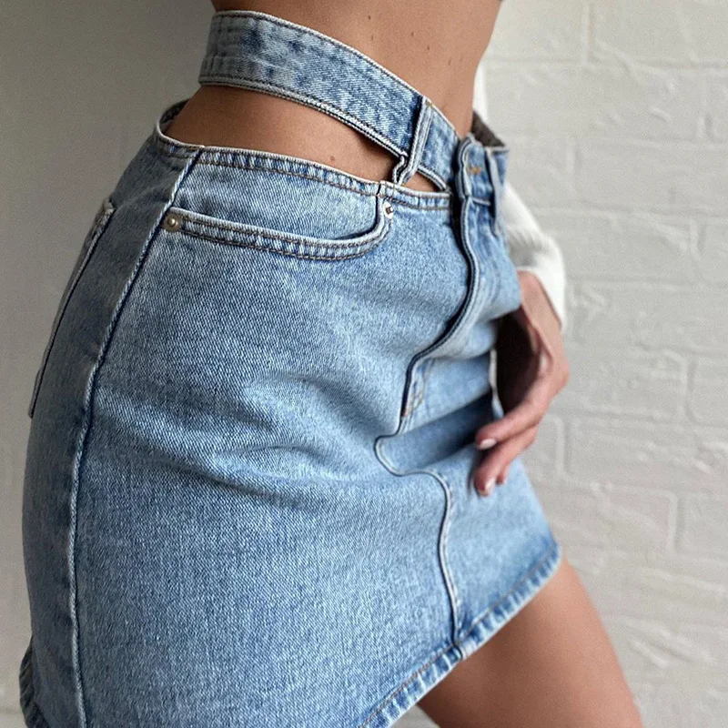 Kozoca Chic Single Side Hollowed Out Denim Skirt High Waist Slim Fit Casual Buttocks Wrapped Blue Short Skirts for Women