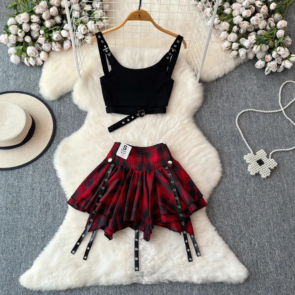 

Lady Chic Y2K Ins Top Skirt Set Female Hotsweet Pleated Ball Gown Belt Skirts Women Suit Night Out Stage Korean Singer Dance Set