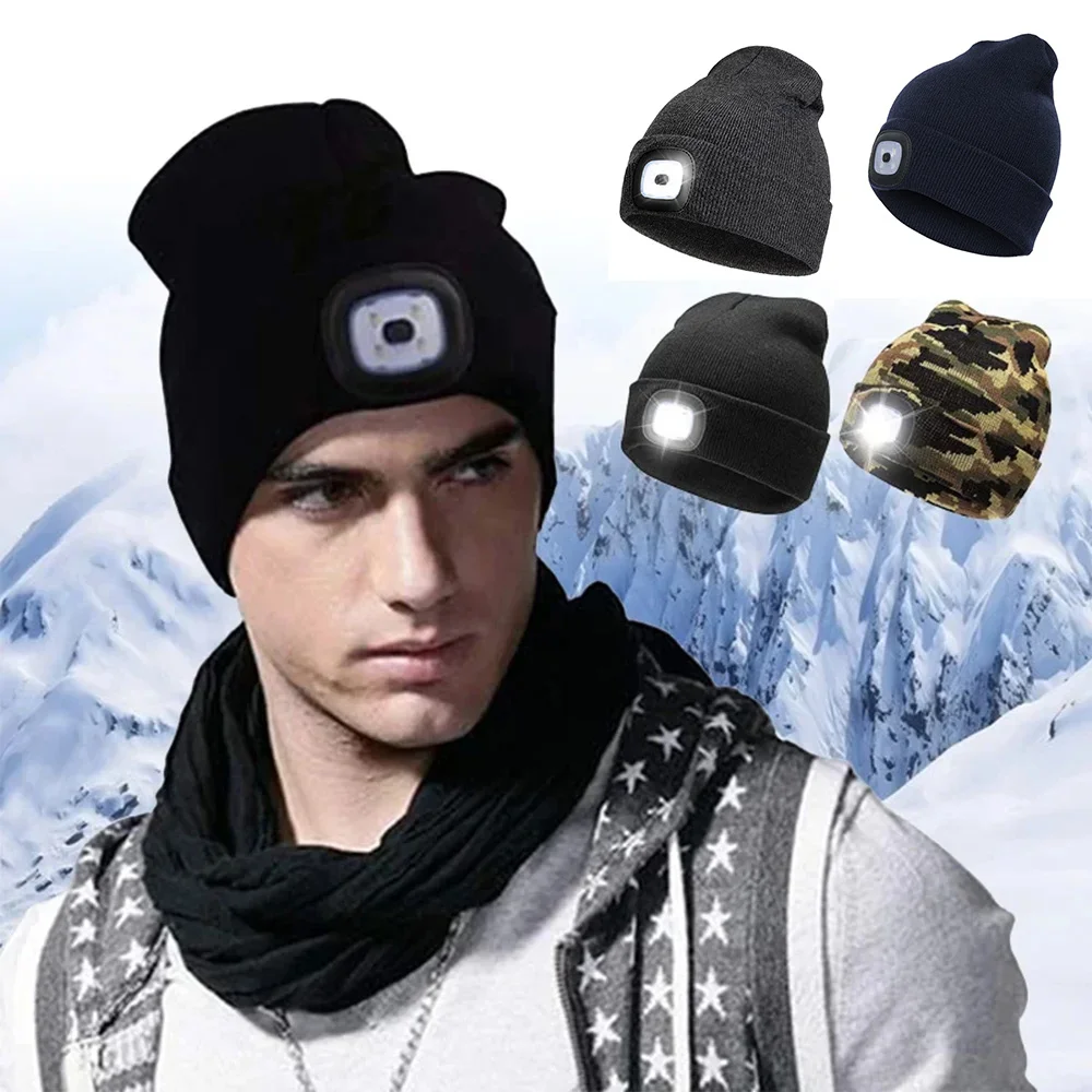 USB Rechargeable Hands Free 4 LED Headlamp Cap Winter Knitted Night Lighted Hat Flashlight Women Men Gifts for Dad Him Husband