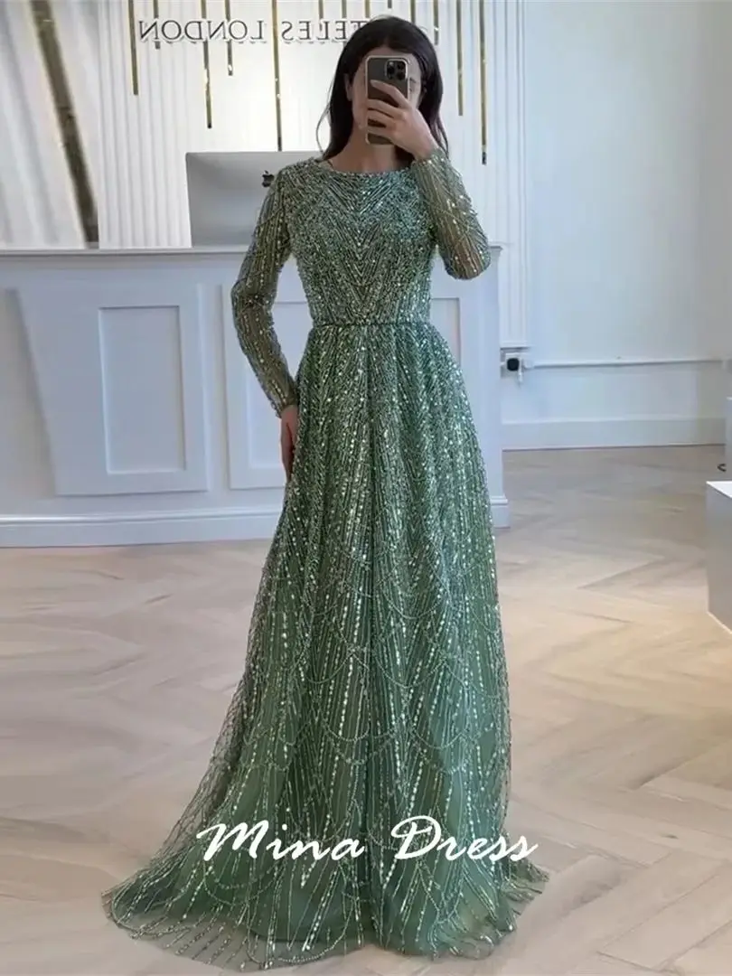Mina Maßgeschneiderte Perlen Luxuriöse Damen-Abendkleider für formelle Anlässe mit Pailletten. Luxuriöses Partykleid mit langen Ärmeln und Rundhalsausschnitt