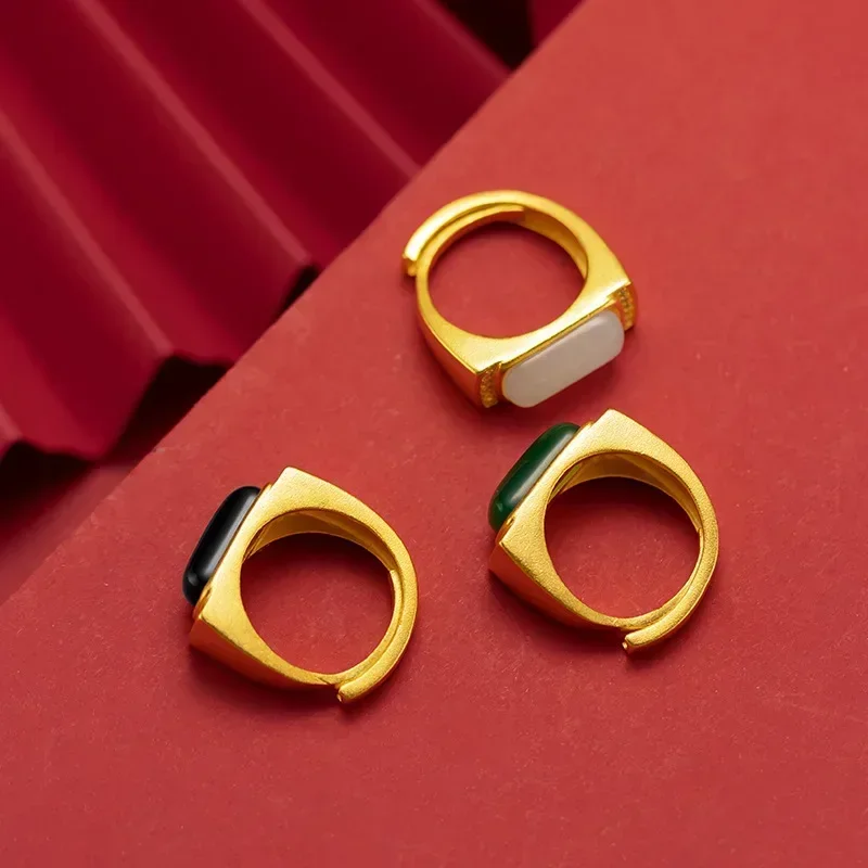 خاتم عقيق صغير مرصع بالذهب الحقيقي عيار 9999 للرجال عيار 24 قيراط من الذهب الخالص طراز عرقي عتيق مباشر