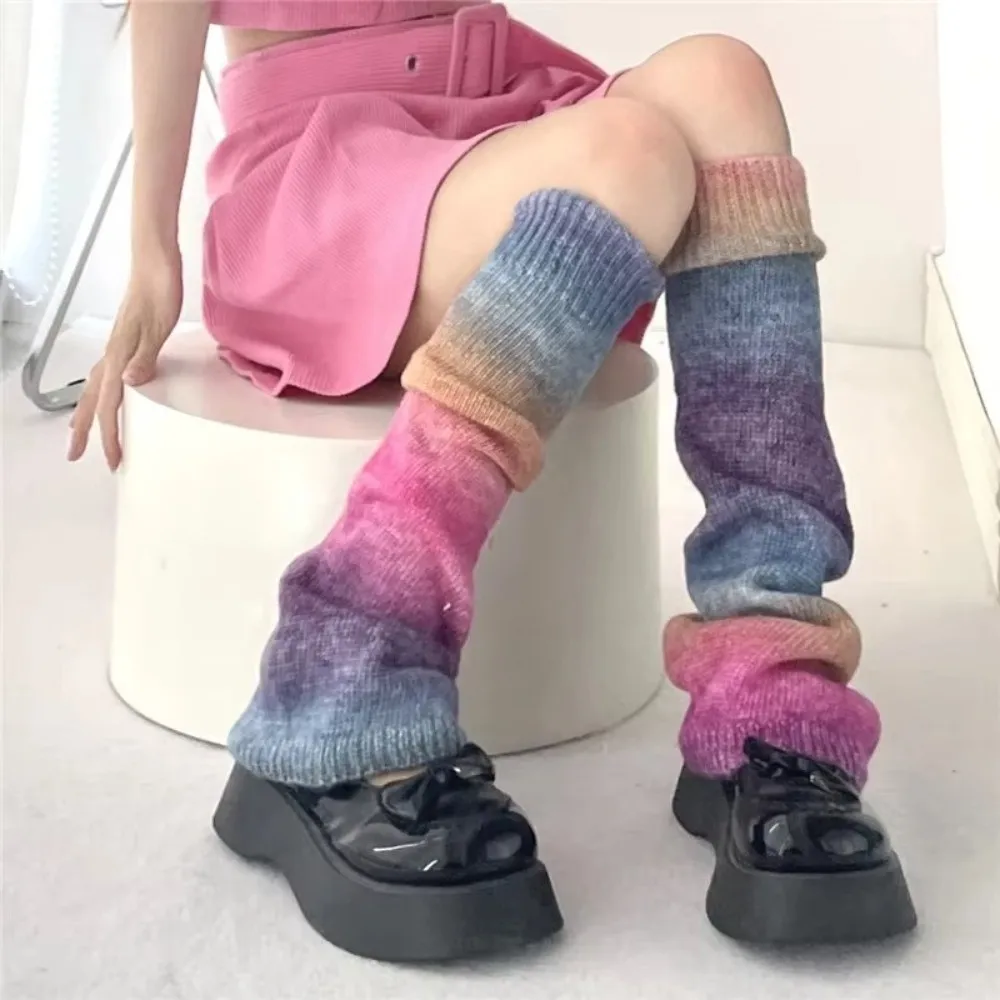 1 pair Y2K Rainbow Gradient Color Leg Warmers Lengthened Warm Knitting Socks Thickened Leg Covers Subculture Fashion