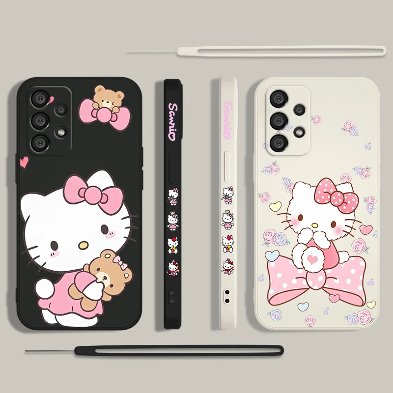 Sanrio Hello Kitty Pink Pretty Phone Case For Samsung A55 A53 A33 A52 A32 A71 A51 A21S A35 A25 5G Liquid Left Rope Funda