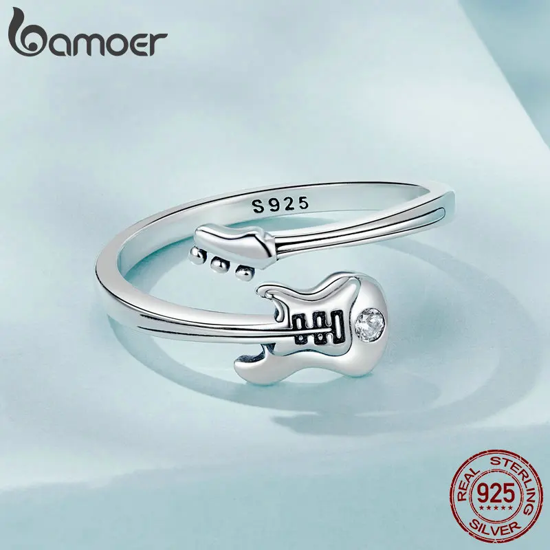 BAMOER 925 Sterling Silver Bass Ring for Women Teen Girls, Adjustable Ring with Guitar Shaped CZ Birthday Gifts SCR1042-E